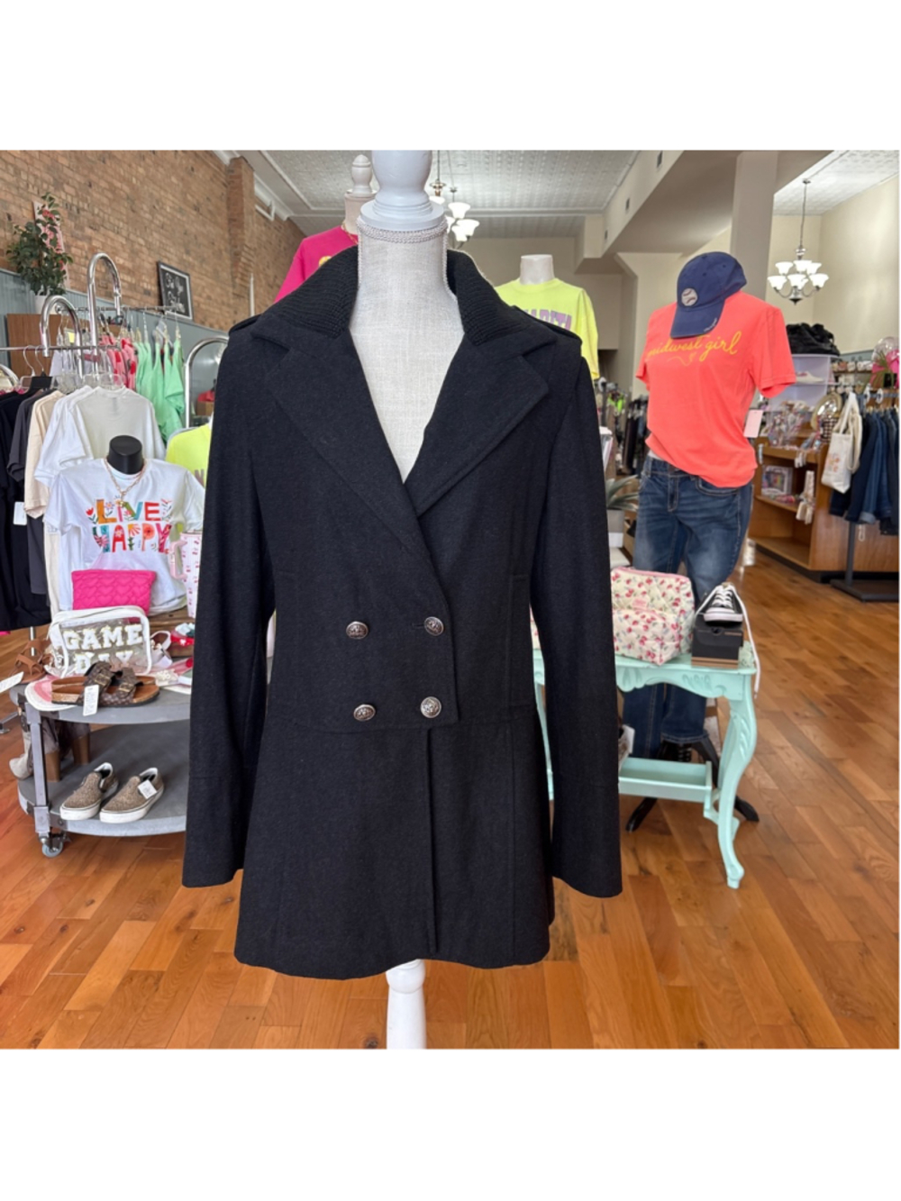 GUESS Black Wool Blend Double-Breasted Pea Coat L